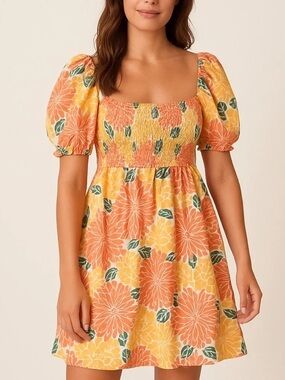 House of Harlow 1960 Floral Linen Smocked Mini Dress 100% Cotton Size Medium